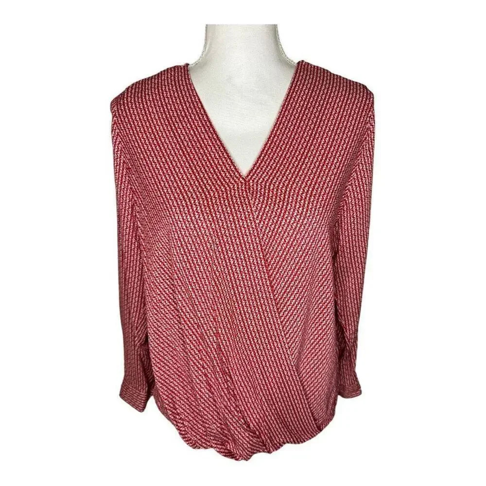 Adrienne Vittadini Women’s Small Red Geometric Print V-Neck Front Wrap Top